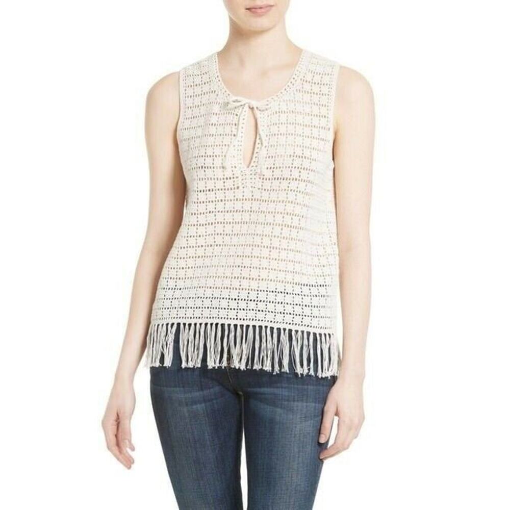Joie‎ Women's Ivory Analia Sleeveless Crochet Knit Frayed Tank Large NEW $298